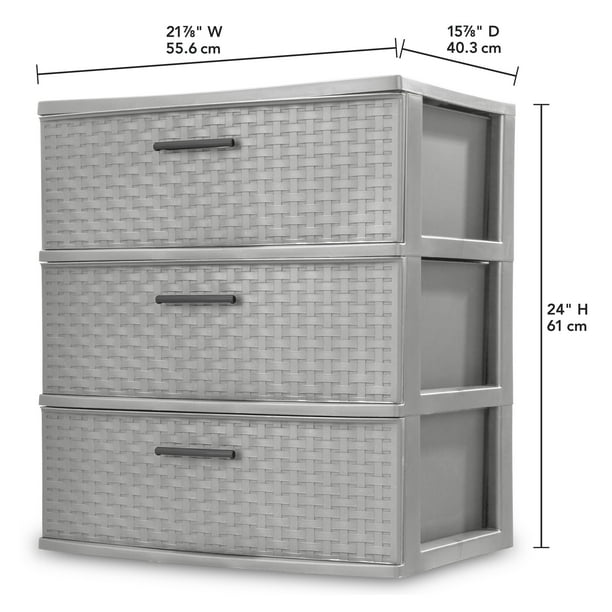 Sterilite Storage Drawer, 3 Drawer Plastic Weave Wide Tower with Pull Handles, Gray