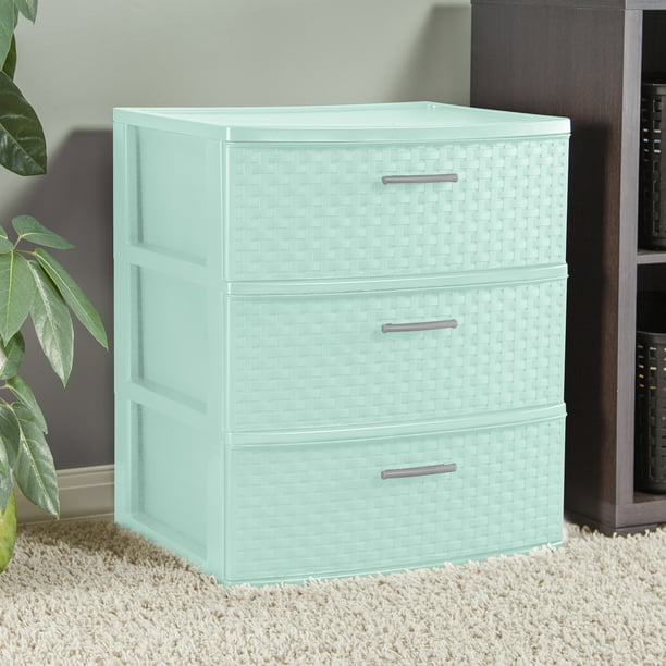 Sterilite Storage Drawer, 3 Drawer Plastic Weave Wide Tower with Pull Handles, Mint