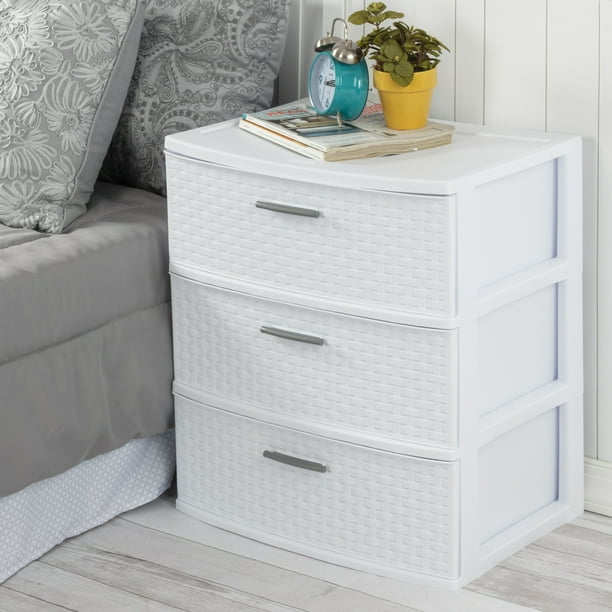 Sterilite Storage Drawer, 3 Drawer Plastic Weave Wide Tower with Pull Handles, White