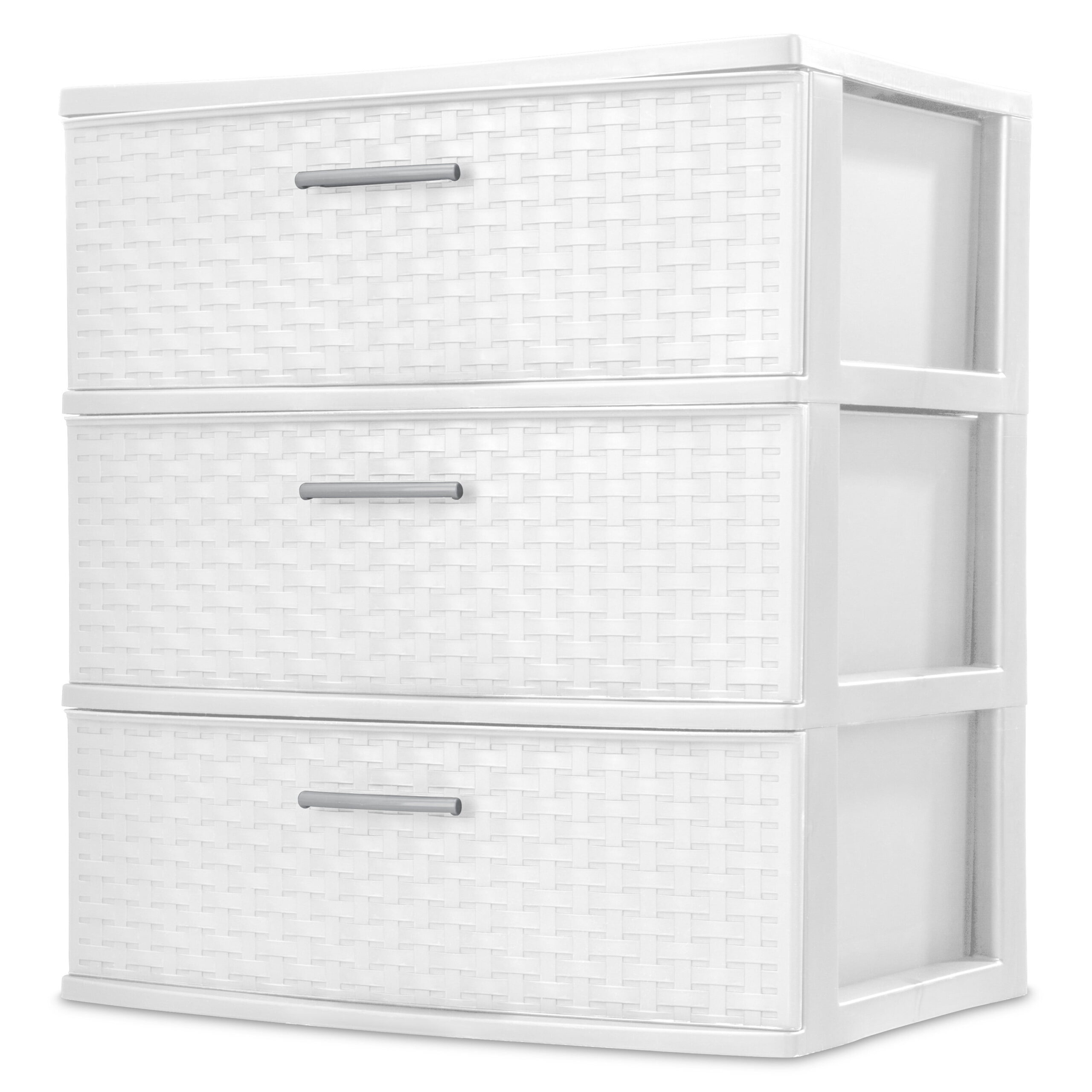 Sterilite Storage Drawer, 3 Drawer Plastic Weave Wide Tower with Pull Handles, White