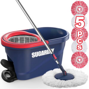 SUGARDAY Spin Mop and Bucket System with Wringer Set for Floors Cleaning, Red