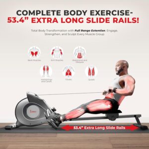 Sunny Health & Fitness Flip & Foldable Rowing Machine for Home w/Extended Slide Rail, Full-Body Workout, Low-Impact, Optional Extra Long Rail, Quiet Rail Cover, Water Motion and...