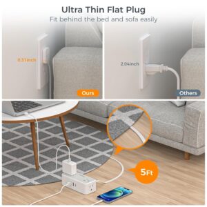 Surge Protector Flat Extension Cord Indoor, TESSAN Flat Plug Power Bar with 4 Multiple Outlets, 3 USB Ports (1 USB C), 5 Feet Small Power Strip Wall Mounted for Home Office Dorm...