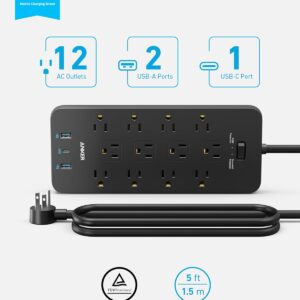 Surge Protector Power Strip (2100J), Anker 12 Outlets with 1 USB C and 2 USB Ports foriPhone 15/15 Plus/15 Pro/15 Pro Max, 5ft Extension Cord, Flat Plug, 20W USB C Charging for...