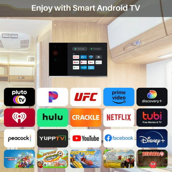 SYLVOX 22 inch Smart RV T, 12 Vot V with DVD Player, 1080P FHD Smart Android Tv, Free Download Apps, Support Wif Bluetoot (Limo Series)