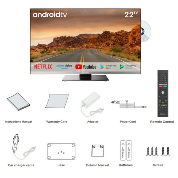 SYLVOX 22 inch Smart RV T, 12 Vot V with DVD Player, 1080P FHD Smart Android Tv, Free Download Apps, Support Wif Bluetoot (Limo Series)