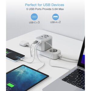 TESSAN Universal Travel Adapter, 6 in 1 International Plug Adapter, Worldwide Power Adaptor with 5 USB Ports (3 USB C), Travel Essentials for Canada to Europe UK Australia...
