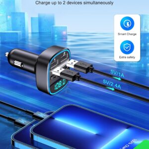 TEUMI Bluetooth 5.3 FM Transmitter for Car, Blue Ambient Light, Wireless FM Radio, Hands Free Calling, Dual USB Ports 5V 2.4A & 1A, Supports SD Card & USB Flash Drive