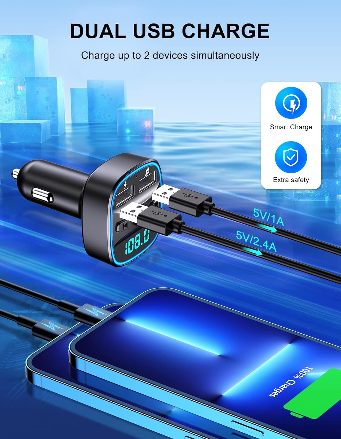 TEUMI Bluetooth 5.3 FM Transmitter for Car, Blue Ambient Light, Wireless FM Radio, Hands Free Calling, Dual USB Ports 5V 2.4A & 1A, Supports SD Card & USB Flash Drive