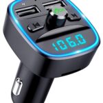 TEUMI Bluetooth 5.3 FM Transmitter for Car, Blue Ambient Light, Wireless FM Radio, Hands Free Calling, Dual USB Ports 5V 2.4A & 1A, Supports SD Card & USB Flash Drive