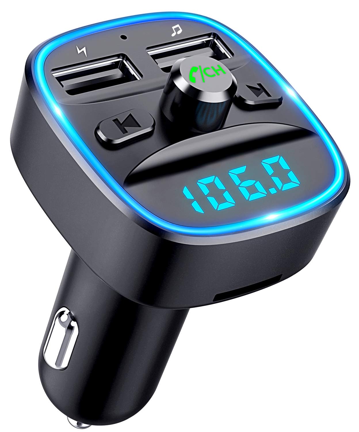 TEUMI Bluetooth 5.3 FM Transmitter for Car, Blue Ambient Light, Wireless FM Radio, Hands Free Calling, Dual USB Ports 5V 2.4A & 1A, Supports SD Card & USB Flash Drive