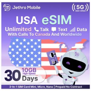 Travel eSIM USA, Unlimited Talk, Text, & Data, Uses T-Mobile, Unlimited Calling to Canada Included, Quick Activation, Jethro Mobile e SIM Card USA for Canadian Travelers (30 Days)