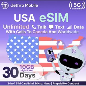 Travel eSIM USA, Unlimited Talk, Text, & Data, Uses T-Mobile, Unlimited Calling to Canada Included, Quick Activation, Jethro Mobile e SIM Card USA for Canadian Travelers (30 Days)