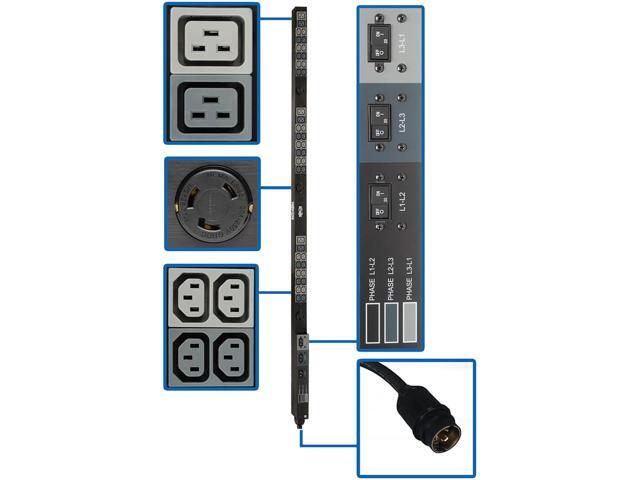Tripp Lite 14.4kW 208V 3-Phase Basic PDU - 45 Outlets (36 C13, 6 C19, 3 L6-30R), Hubbell 50A CS8365C Input, 6 ft. Cord, 70 in. 0U, TAA (PDU3V6H50A)