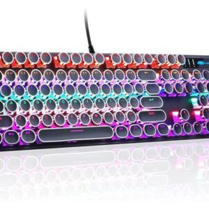 Typewriter Mechanical Gaming Keyboard, Retro Punk Round Keycaps with RGB Rainbow Backlit USB Wired Keyboards for Game and Office, for Windows Laptop