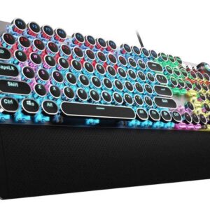 Typewriter Style Mechanical Gaming Keyboard Blue Switch, with Removable Wrist Rest, Media Control Knob, Rainbow Backlit, Retro Punk Round Keycaps,