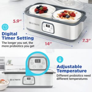 Ultimate Probiotic Yogurt Maker with Adjustable Time & Temp Control - Make Trillions of Live Probiotics with Two 1-Quart Containers for Larger Batches - Greek Yogurt Maker -...