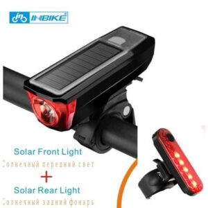 Ultra Bright Solar USB Rechargeable Bike Light Set, Powerful Bicycle Front Headlight and Back Taillight, 4 Light Modes, Easy to Install for Men Women