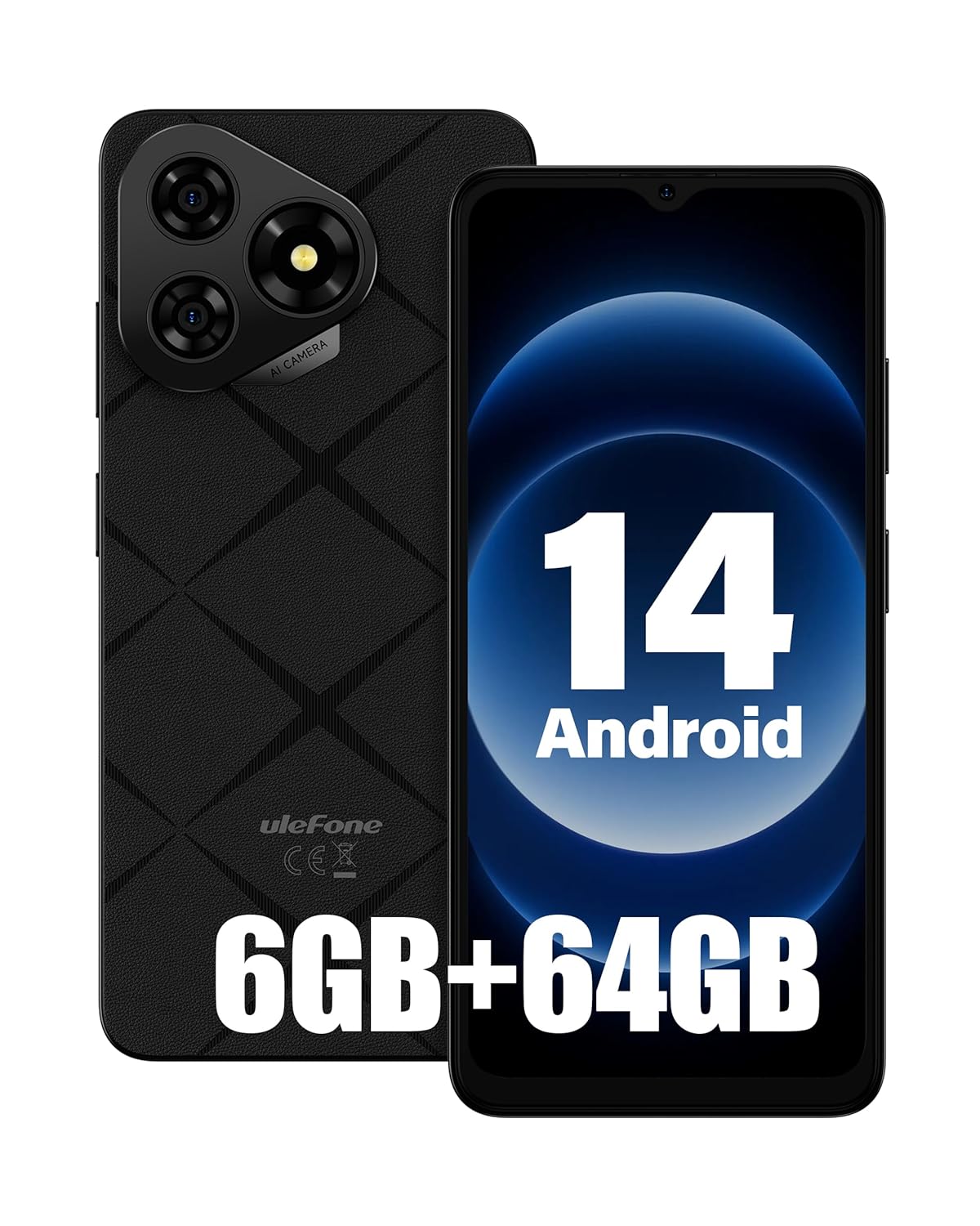 Unlocked Cell Phone Canada, Ulefone Note 19 (6+64GB) Smartphone, Android 14 Go, Octa-core, 6.56” HD+, 8MP+5MP, 5000mAh, Global 4G LTE, 3-Card Slot/Face Unlock/GPS - Black
