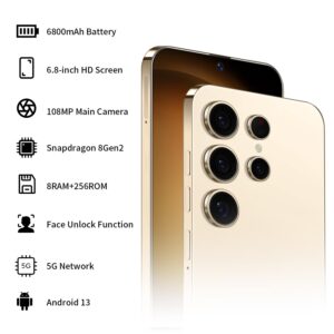 Unlocked Phone S23 Ultra Android Phone 8-core 8GB+256GB Cell Phone 7 inch HD Screen Mobile Phone 108MP+48MP Camera 6800 mAh Battery 5G Dual SIM (Titanium Yellow)