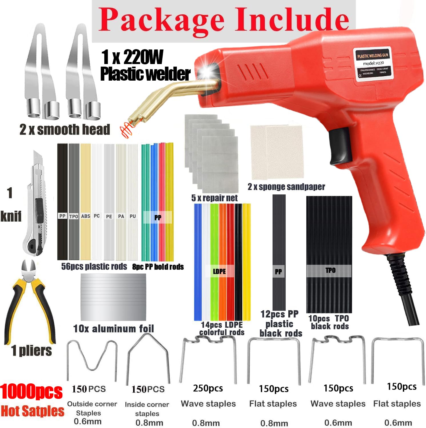 Upgraded 220W Plastic Welder, 2 in 1 Plastic Welding Kit Plastic Repair Welder Kit 1000PCS Hot Stapler Soldering Gun with 100PCS Plastic Welding Rods Car Bumper Repair Kit for...