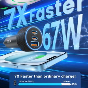 USB C Car Charger, 3-Port 67W Dual USB-C & USB-A Car Charger PD/QC Fast Charging Adapter Cigarette Lighter for iPhone 15/16/14/13/12, Samsung GalaxyS25/S24/S23/S22/Ultra, Pixel...