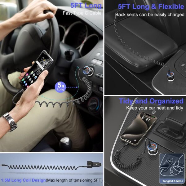 USB C Car Charger, 65W 4-Fast Port Dual 12V USB-C & USB-A Car Phone Charger PD&QC3.0 Super Fast Car Cigarette Lighter Adapter for iPhone 16 15 Pro Max Plus iPad, Samsung S24/S23...
