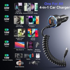 USB C Car Charger, 65W 4-Fast Port Dual 12V USB-C & USB-A Car Phone Charger PD&QC3.0 Super Fast Car Cigarette Lighter Adapter for iPhone 16 15 Pro Max Plus iPad, Samsung S24/S23...