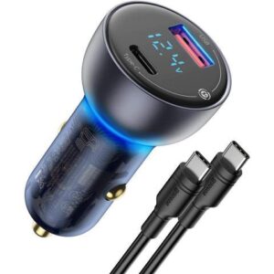 USB C Car Charger, Baseus 65W Fast USB Car Charger, PD3.0 & QC4.0 Dual Port Car Adapter with LED Display and 100W USB C Cable for USB-C Laptop,