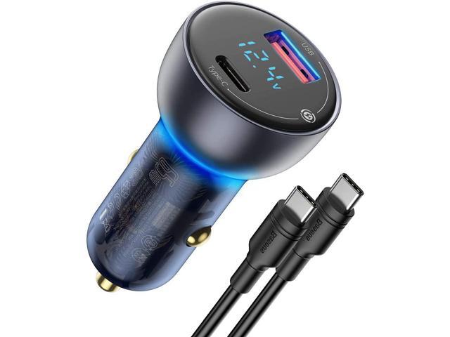 USB C Car Charger, Baseus 65W Fast USB Car Charger, PD3.0 & QC4.0 Dual Port Car Adapter with LED Display and 100W USB C Cable for USB-C Laptop,
