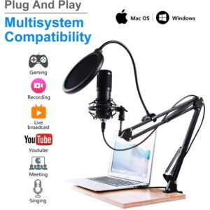 USB Streaming Podcast Microphone Kit,Professional 192KHZ/24Bit Studio Cardioid Condenser Computer PC Mic Kit with Scissor Arm Shock Mount Stand Pop Filter for Music...