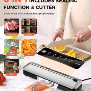 Vacuum Sealer for Food,75 Kpa Precision Suction Power 6-in-1 Food Sealer with Digital Timer, Dry & Moist Food Modes, Compact Design with 10 Vacuum Bags & Built-in Cutter(Sliver)