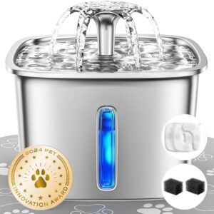 Veken Innovation Award Winner Stainless Steel Cat Water Fountain, 95oz/2.8L Automatic Pet Fountain Dog Water Dispenser with Replacement Filters & Silicone Mat for Cats, Dogs,...