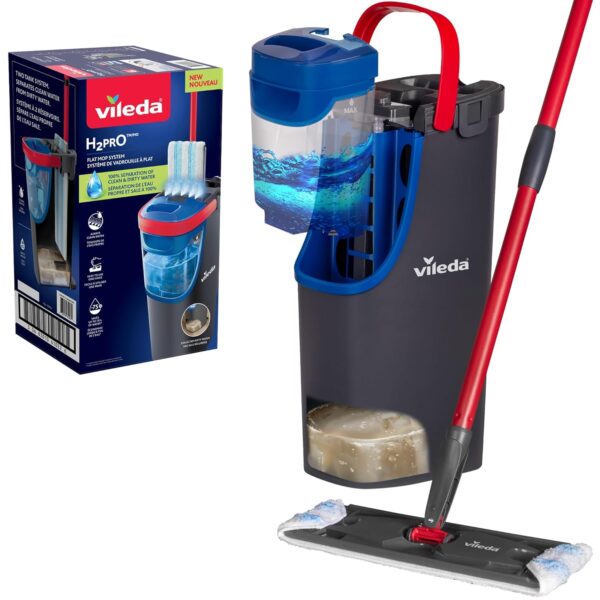 Vileda H2prO Flat Mop and Bucket Set | 100% Clean & Dirty Water Separation | Wall Mop, Baseboard Cleaning Tool | Machine Washable Reusable Microfiber Mop Head | Safe on All... Vileda H2prO Flat Mop and Bucket Set | 100% Clean & Dirty Water Separation | Wall Mop, Baseboard Cleaning Tool | Machine Washable Reusable Microfiber Mop Head | Safe on All...