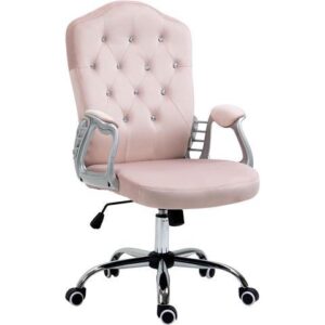 Vinsetto Home Office Chair, Velvet Computer Chair, Button Tufted Desk Chair with Swivel Wheels, Adjustable Height, Tilt Function, Pink