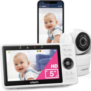 VTech Upgraded Smart WiFi Baby Monitor VM901, 5-inch 720p Display, 1080p Camera, HD NightVision, Fully Remote Pan Tilt Zoom, 2-Way Talk, Free Smart Phone App, Works with iOS,...