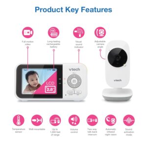 VTech VM819 Baby Monitor with Camera and Audio, 2.8” Screen Portable Baby Camera, Night Vision, 2-Way Audio, Temperature Sensor and Lullabies, Secure Transmission No WiFi, Ideal...