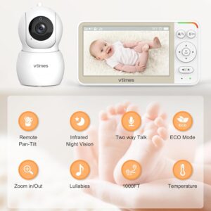 VTimes Baby Monitor No WiFi, 5'' Screen with 32-Hour Battery, Video Baby Monitor Camera Pan-Tilt-Zoom Smart VOX Mode, Two-Way Talk Night Vision Temperature Display Alarm 8...