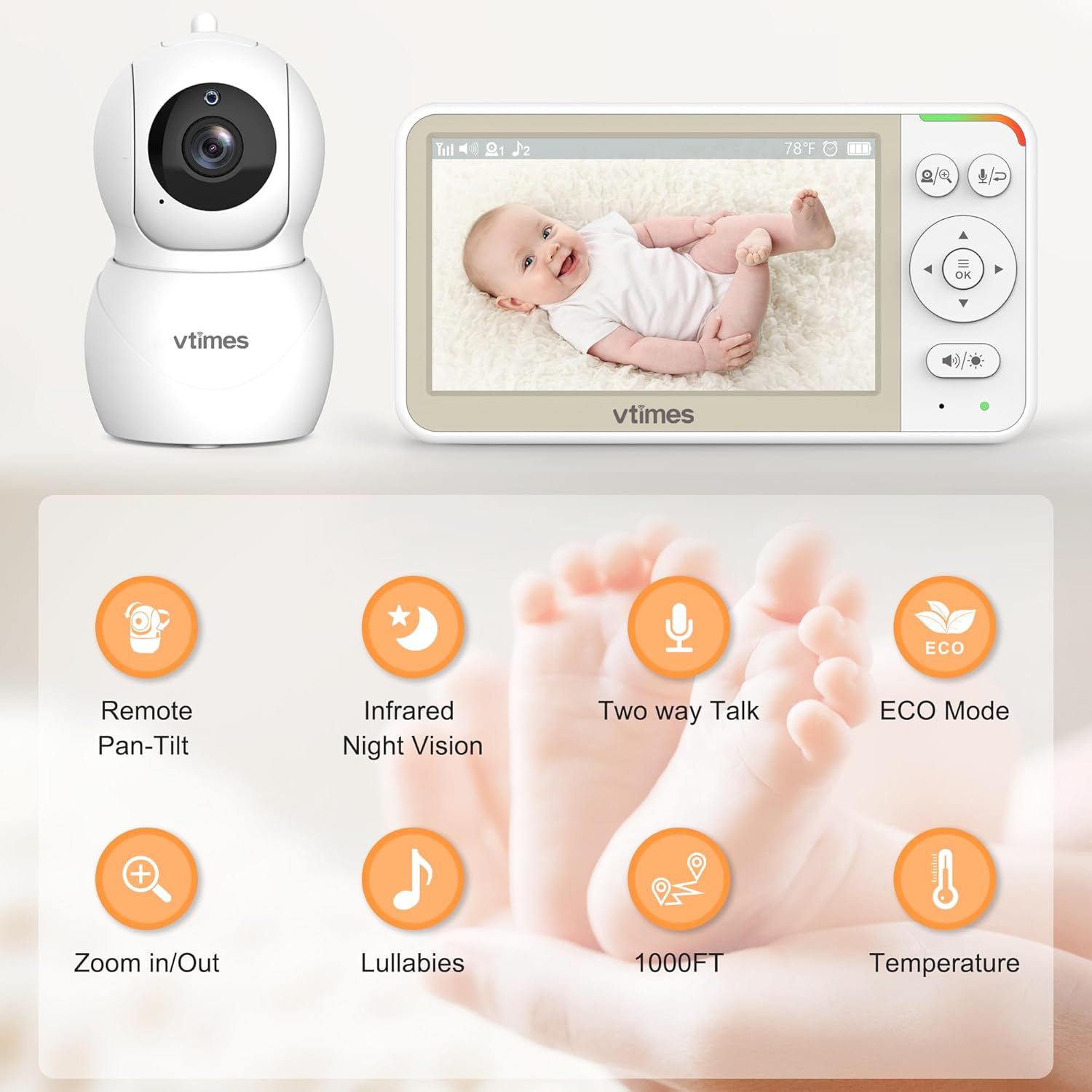 VTimes Baby Monitor No WiFi, 5'' Screen with 32-Hour Battery, Video Baby Monitor Camera Pan-Tilt-Zoom Smart VOX Mode, Two-Way Talk Night Vision Temperature Display Alarm 8...