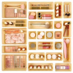 Vtopmart 25 PCS Plastic Drawer Organizers Set, 4-Size Versatile Bathroom and Vanity Drawer Organizer Trays, Storage Bins for Makeup, Bedroom, Kitchen Gadgets Utensils and Office