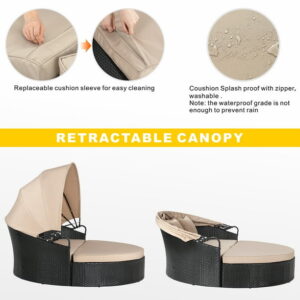 Walsunny Patio Furniture Outdoor Round Daybed with Retractable Canopy Wicker Rattan, Seating Separates Cushioned Seats