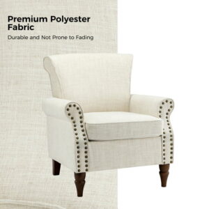 Wingback Accent Chairs Wood Legs Set of 2 Upholstered Sofa Armchairs Fabric Nailhead Trim Home Living Room Bedroom Ivory