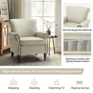 Wingback Accent Chairs Wood Legs Set of 2 Upholstered Sofa Armchairs Fabric Nailhead Trim Home Living Room Oatmeal