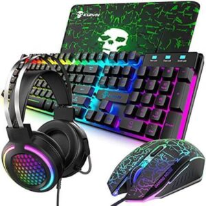 Wired Gaming Keyboard and Mouse Combo with Gaming Mouse Pad and Headset,4 in 1 Gaming Set 100% Full Size LED RGB Light up Ergonomic Gaming Bundle for