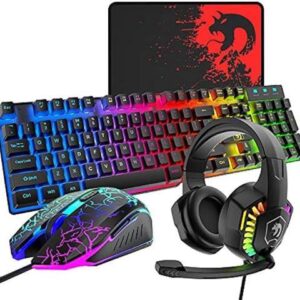 Wired Gaming Keyboard and Mouse Headset Combo,Rainbow LED Backlit Wired Keyboard,Over Ear Headphone with Mic,Rainbow Backlit Gaming Mice,Mouse Pad,for