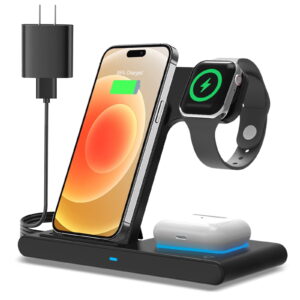 Wireless Charger, 3 in 1 Magnetic Charging Station 15W Fast Charging for iPhone 15 14 13 12 11 Pro Max, Compatible with iWatch 9-2, AirPods Pro, Portable, Foldable and...