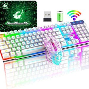 Wireless gaming keyboard and mouse combination, with rainbow LED backlight, rechargeable waterproof mechanical dustproof 7-color backlight, suitable