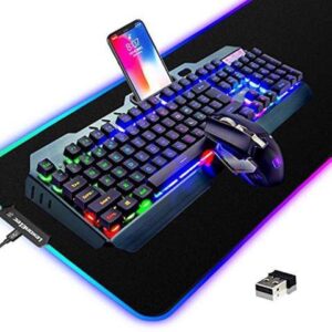 Wireless Gaming Keyboard and Mouse Combo,3 in 1 Rainbow LED Rechargeable Keyboard Mouse with 3800mAh Battery Metal Panel,10 Colors RGB Gaming Mouse