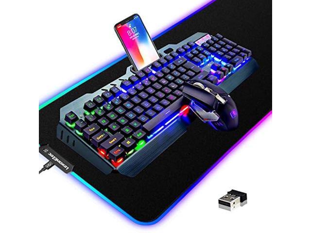 Wireless Gaming Keyboard and Mouse Combo,3 in 1 Rainbow LED Rechargeable Keyboard Mouse with 3800mAh Battery Metal Panel,10 Colors RGB Gaming Mouse