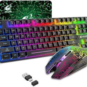 Wireless Gaming Keyboard and Mouse Combo with 87 Key Rainbow LED Backlight Rechargeable 3800mAh Battery Mechanical Feel Anti-ghosting Ergonomic